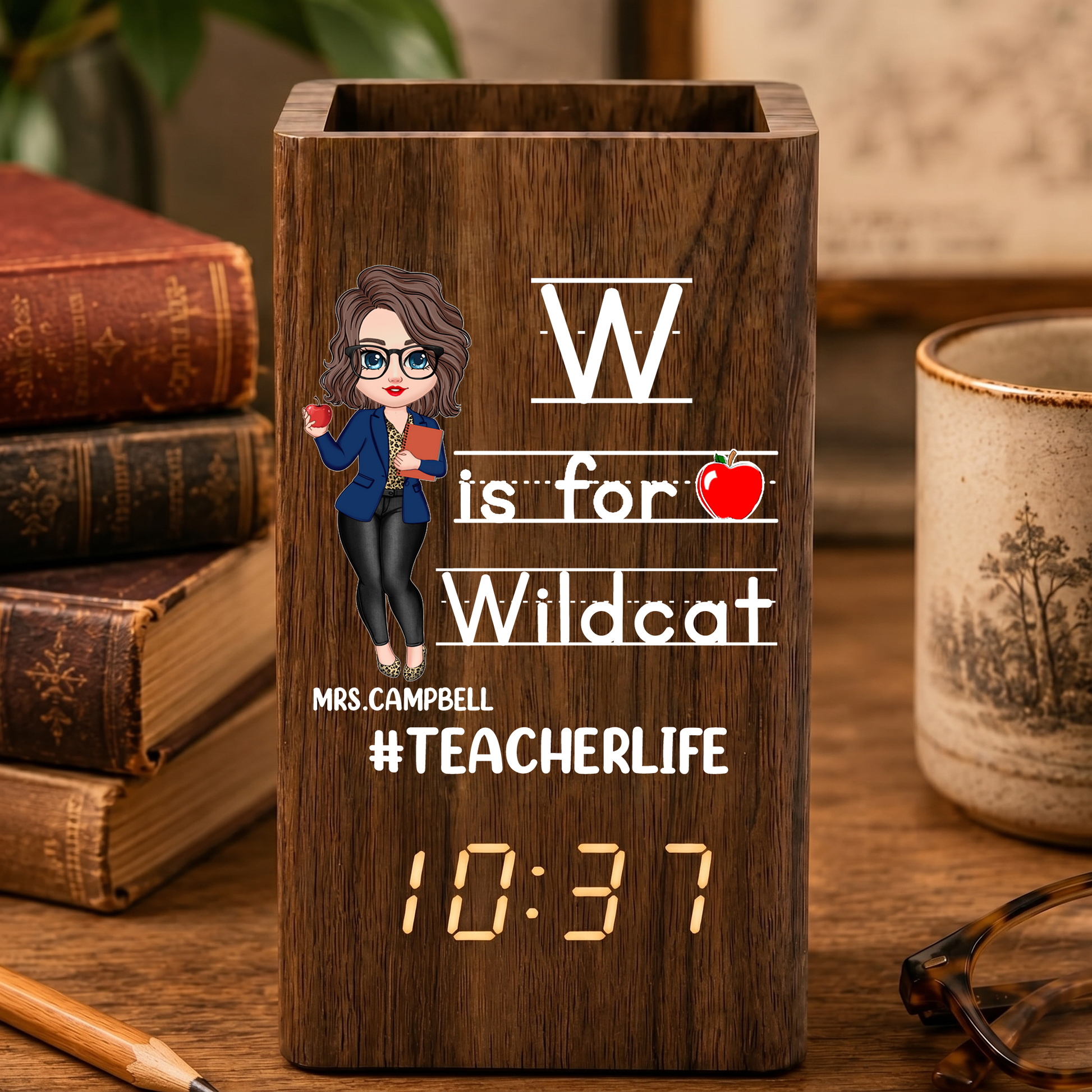Custom Teacher Life Pen Holder With Clock, Personalized Classroom Desk Organizer, Back To School Teacher Gift Calendar Electronic Pen Holder
