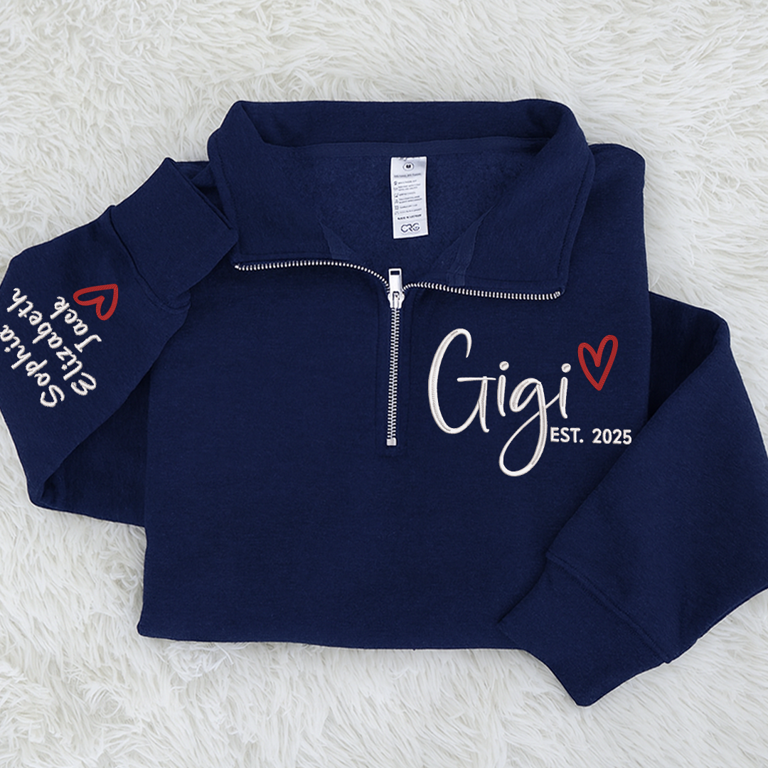 Custom Gigi Heart Embroidered Zip Sweater, Personalized For Grandma with Grandchild Names