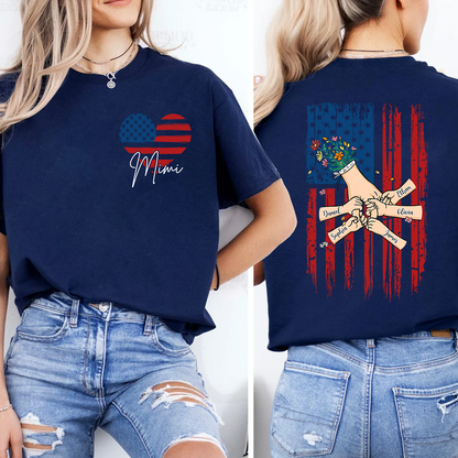 Custom Mimi T Shirt with USA Flag Heart, Personalized Grandma Shirt with Family Names on Back