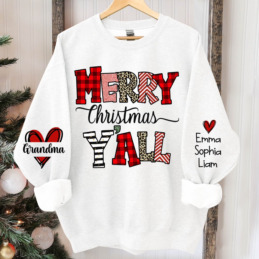 Merry Christmas Y'all Leopard Plaid, Custom Grandma And Kids TH Sweatshirt