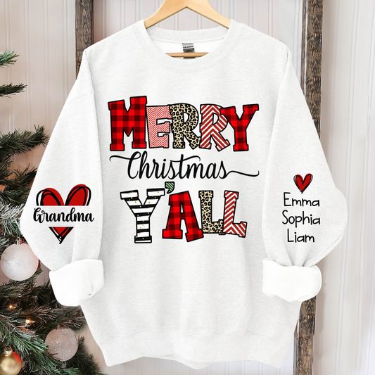 Merry Christmas Y'all Leopard Plaid, Custom Grandma And Kids TH Sweatshirt