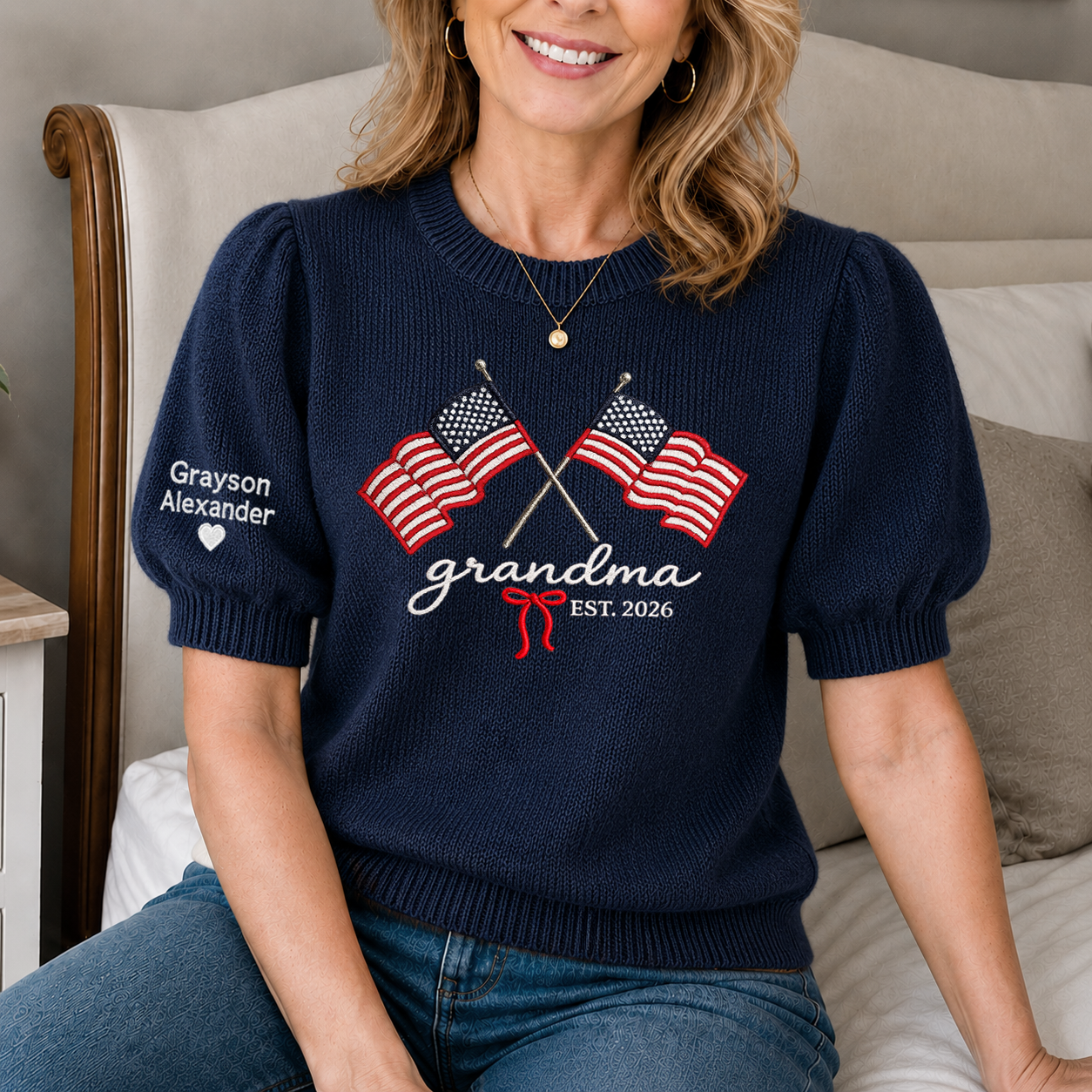 Embroidered Grandma American Flag Knit Sweater, Personalized Crewneck, Custom Sleeve Name, Est 2026 Grandma Gift