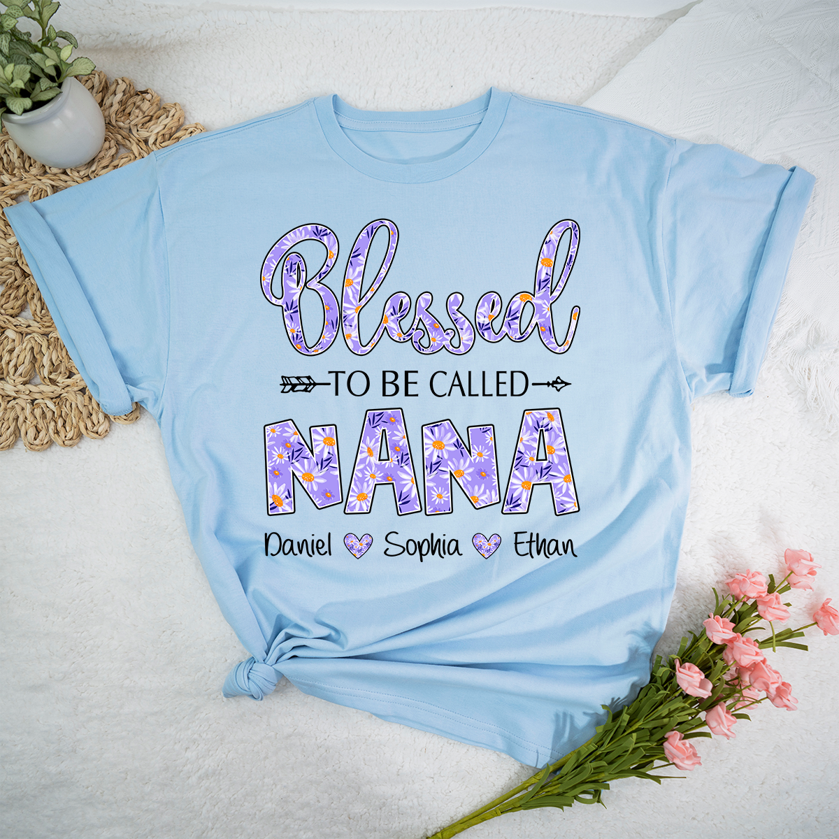 Blessed to Be Called Nana Shirt, Personalized Grandma T Shirt with Grandkids Names, Purple Floral Design