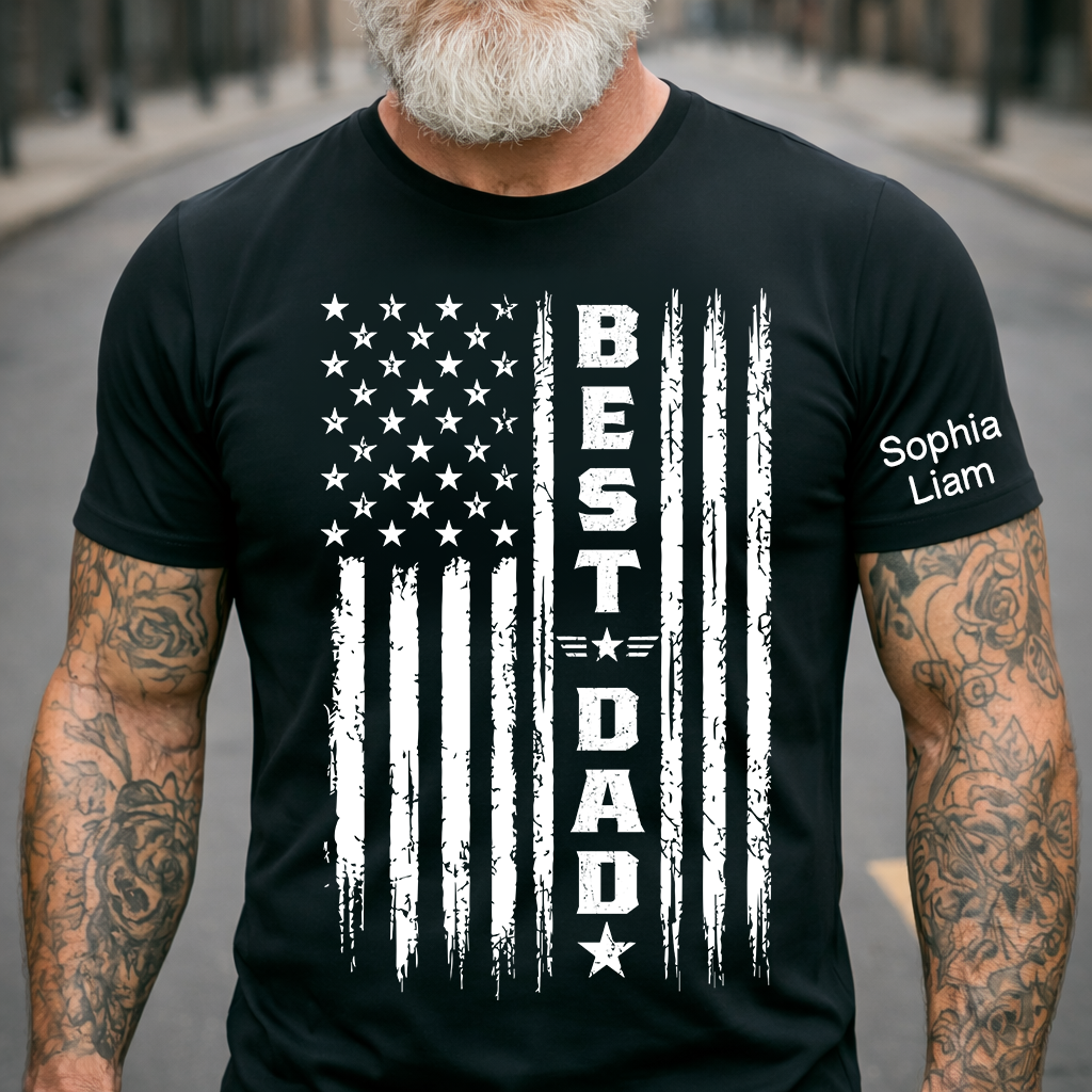 Best Dad Patriotic T-Shirt – Custom Kids Names American Flag Design Gift for Daddy Papa Fathers Day Birthday