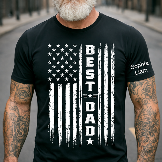 Best Dad Patriotic T-Shirt – Custom Kids Names American Flag Design Gift for Daddy Papa Fathers Day Birthday