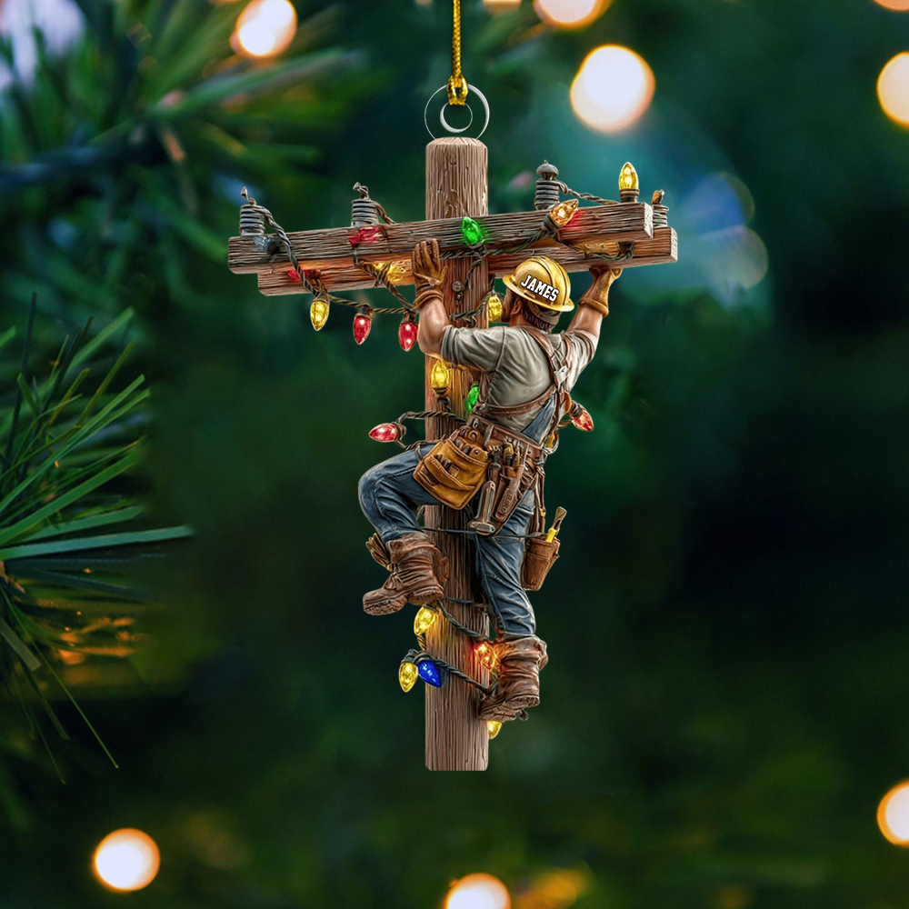 Personalized Lineman Ornament 2025 – Custom Name Electrician Climbing Pole Christmas Ornament Gift for Lineman Ornament