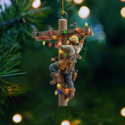Personalized Lineman Ornament 2025 – Custom Name Electrician Climbing Pole Christmas Ornament Gift for Lineman Ornament