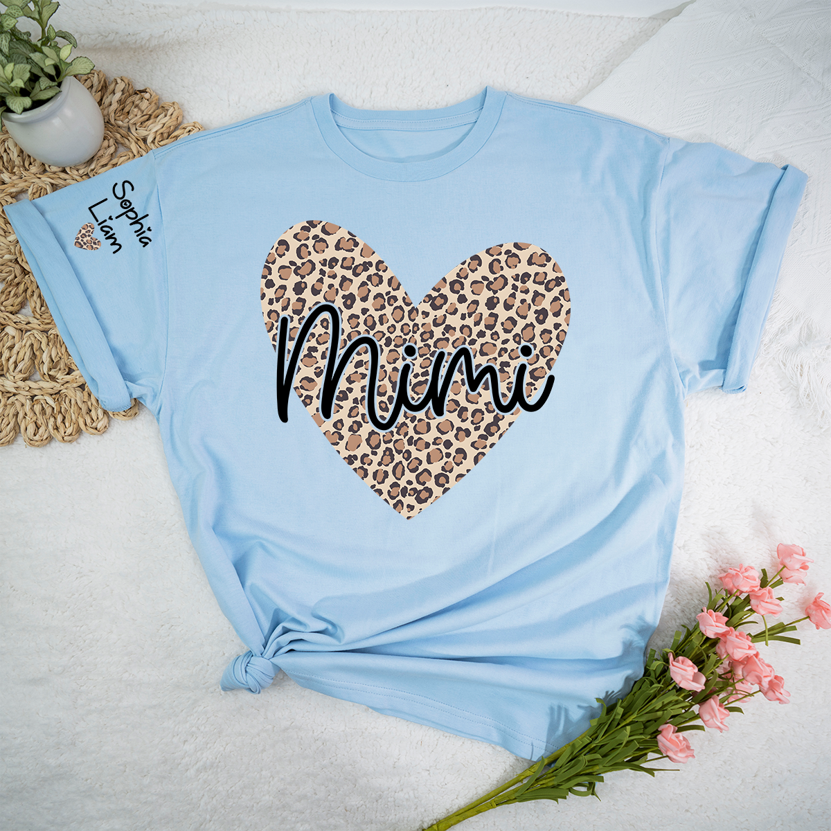 Mimi Leopard Heart Shirt for Women, Cute Mimi Grandma T-Shirt with Animal Print Heart Design