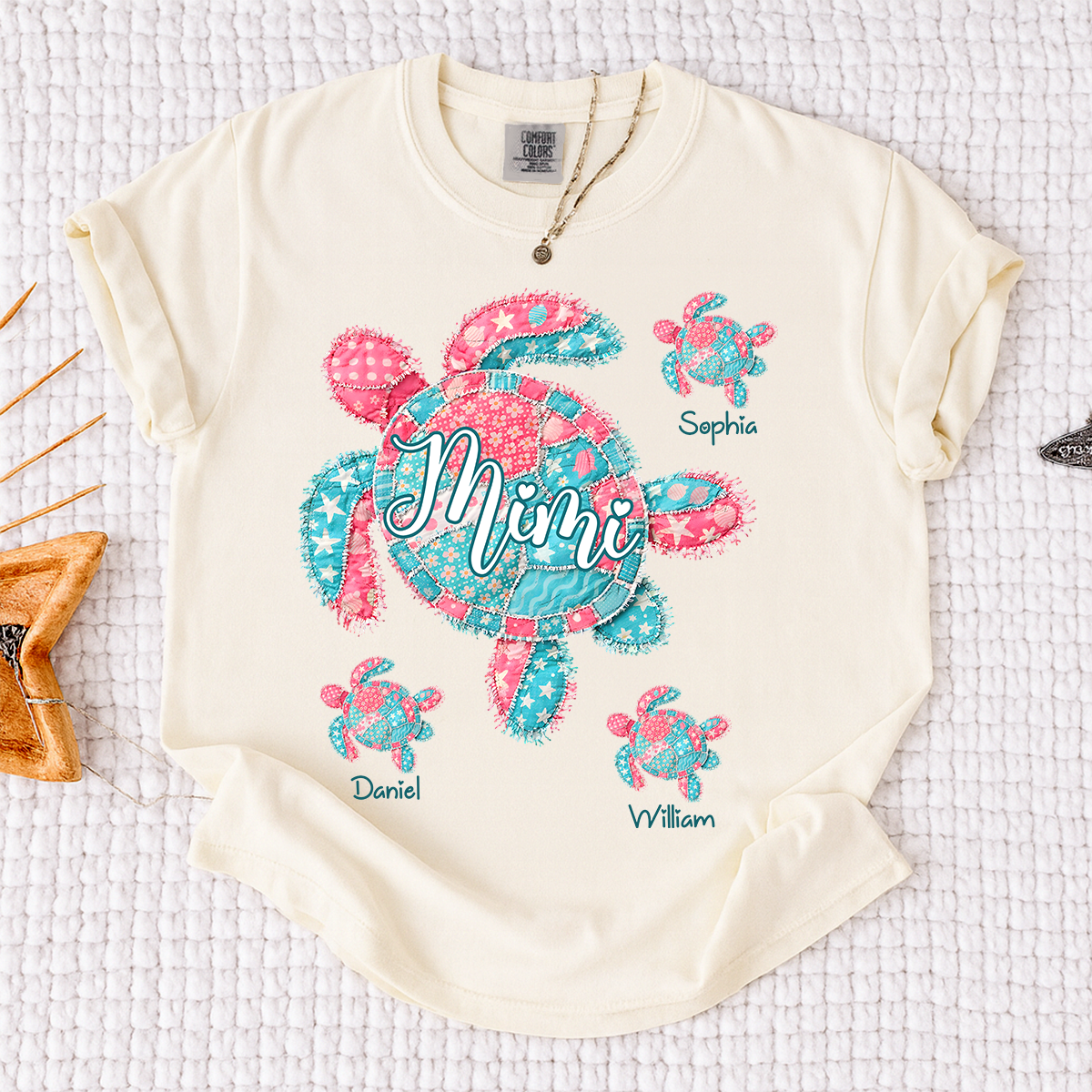 Comfort Colors Mimi Sea Turtle Shirt, Personalized Grandchildren Names T-Shirt, Coastal Grandma Beach Vacation Family Tee