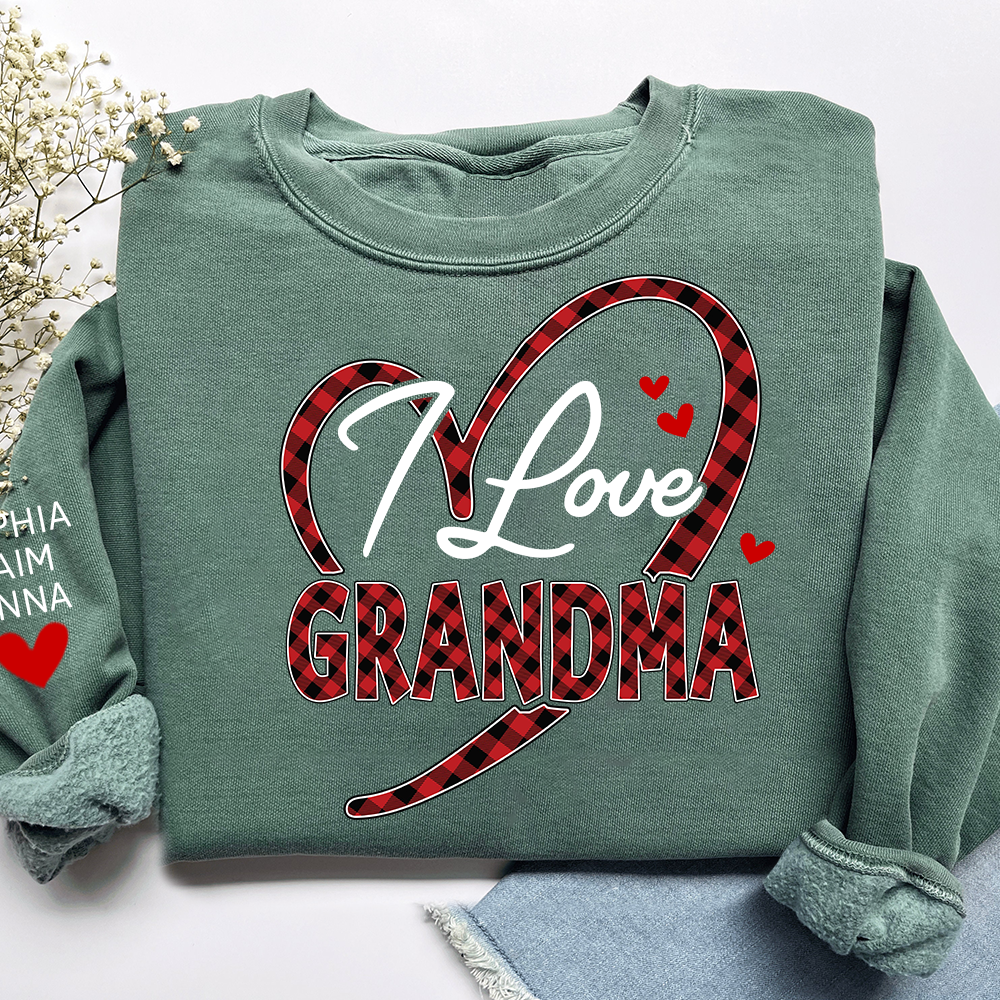 Custom Grandma Sweatshirt with Grandchildren Names, I Love Grandma Plaid Heart Crewneck