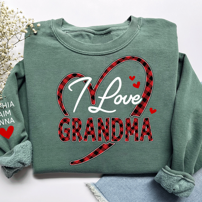 Custom Grandma Sweatshirt with Grandchildren Names, I Love Grandma Plaid Heart Crewneck