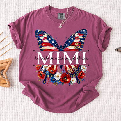 Comfort Custom Mimi T Shirt with Grandkids Names, American Flag Butterfly Family Tee