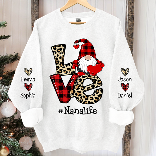 Love Nana Life Leopard Plaid Gnome Heart, Custom Nana And Kids Christmas, Grandma Gift TH Sweatshirt