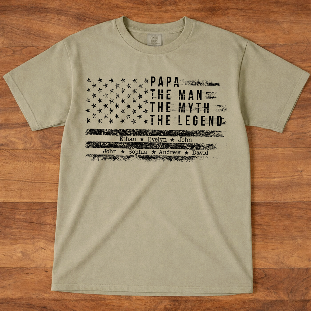 Comfort Colors Personalized Papa The Man The Myth The Legend Shirt – Custom Dad Gift with Kids Names and American Flag Design