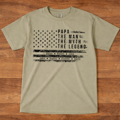 Comfort Colors Personalized Papa The Man The Myth The Legend Shirt – Custom Dad Gift with Kids Names and American Flag Design