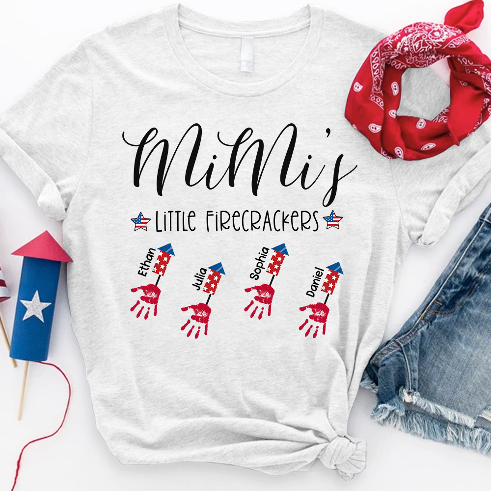 Personalized Mimi's Little Firecrackers T Shirt, Custom Grandchildren Names with Firework Handprint Design