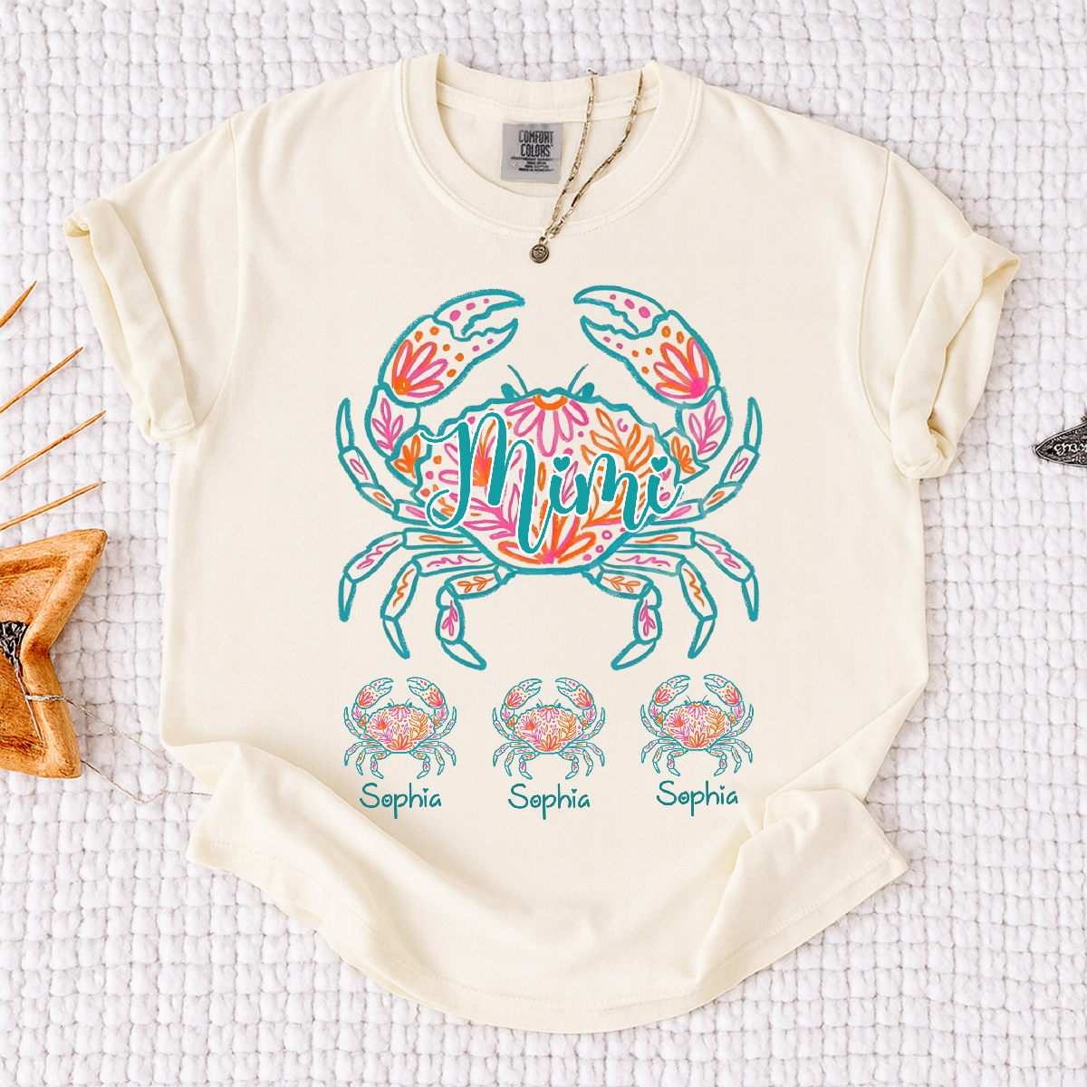 Comfort Colors Personalized Floral Crab Shirt for Women – Custom Name Cancer Zodiac Graphic Tee, Cute Beach Summer T-Shirt