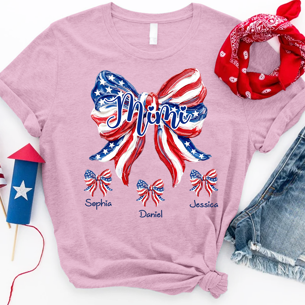 Patriotic Mimi Shirt for Grandma, Custom USA Flag Bow Tee, Personalized Family Names Summer Holiday Gift
