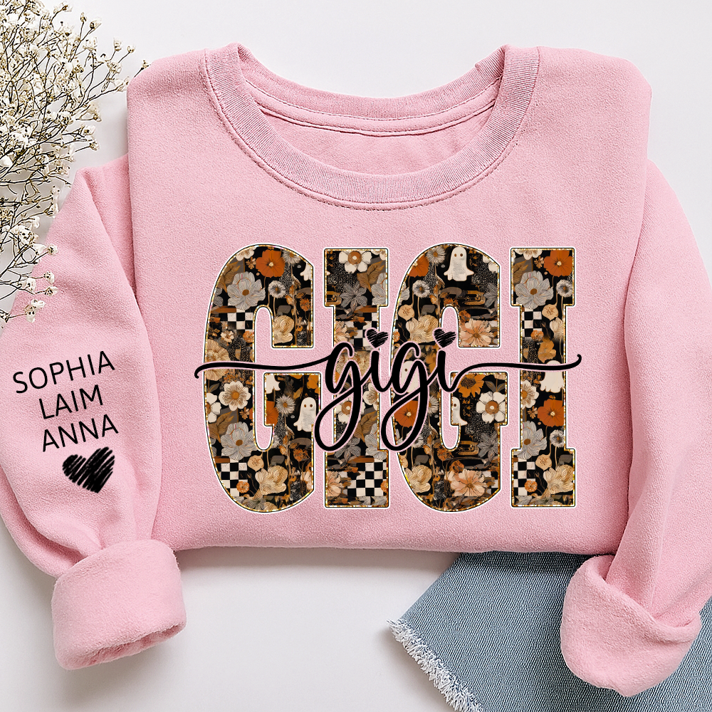Personalized Gigi Spooky Halloween Sweatshirt with kids’ names on sleeves, Give Family