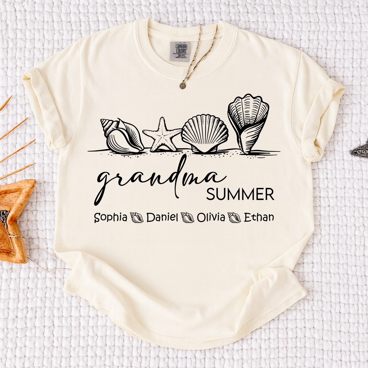 Comfort Colors Grandma Summer Vacation Shirt, Personalized Seashell T-Shirt with Kids Names, Beach Lover Grandma Family Trip Gift