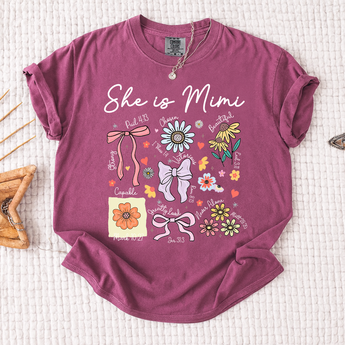 Comfort Colors Personalized Mimi Shirt She Is Mimi Quote with Floral Timeline Family Tee