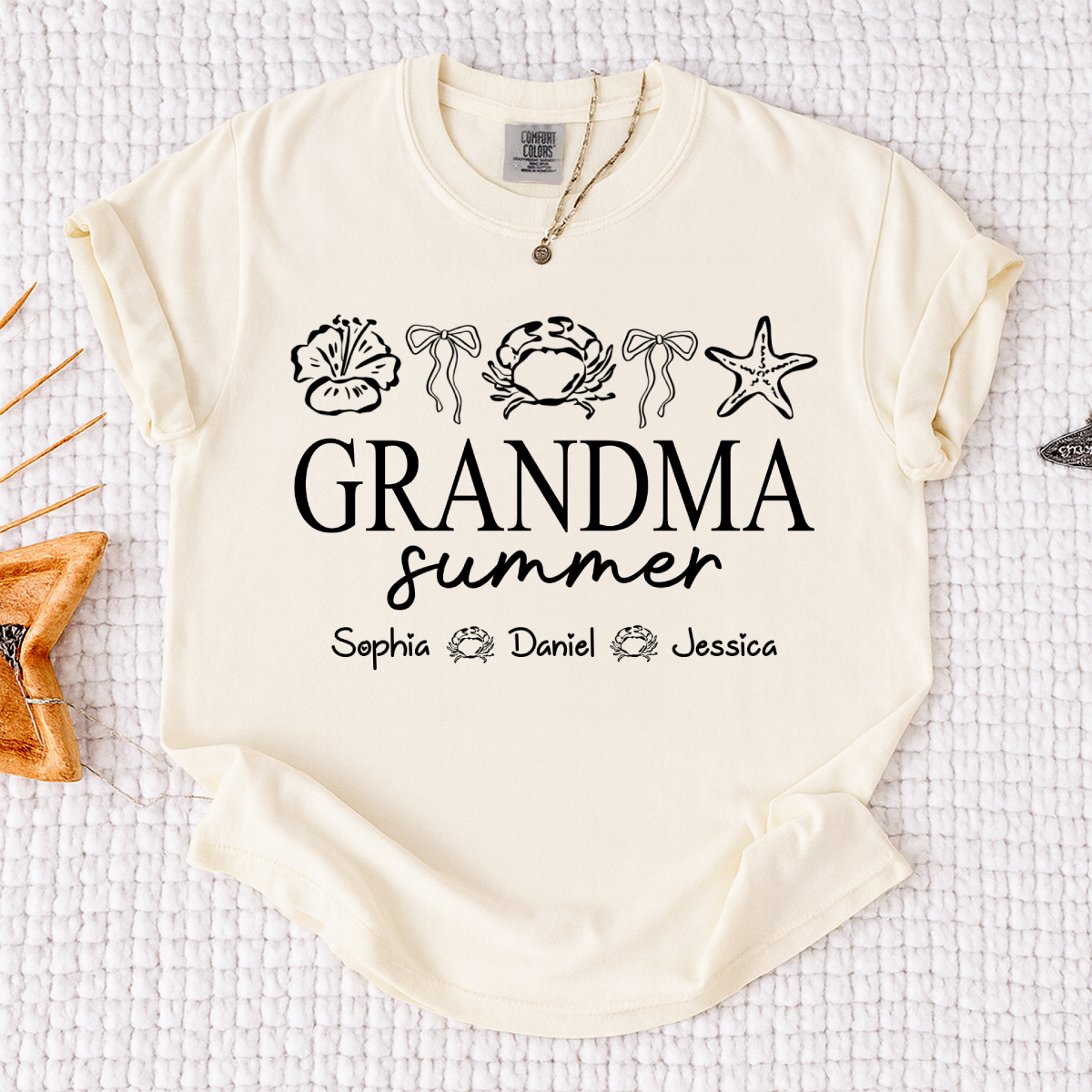 Comfort Colors Grandma Summer Beach T-Shirt, Personalized Ocean Fish Graphic Tee, Custom Kids Names Coastal Grandma Apparel