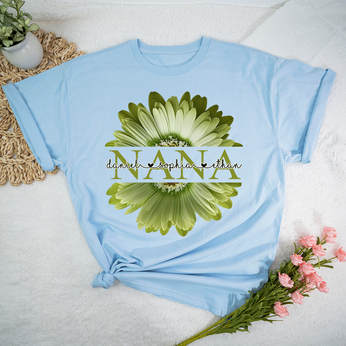 Custom Nana Shirt with Large Green Flower – Personalized Grandma Gift Featuring Grandkids Names