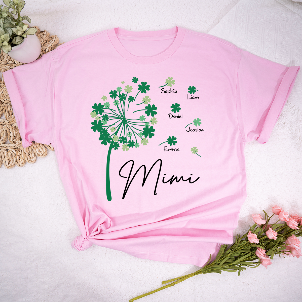 Personalized Mimi Shirt with Kids Names, Shamrock Dandelion Design, St Patricks Day Family Shirt for Grandma, Custom Lucky Mimi T Shirt