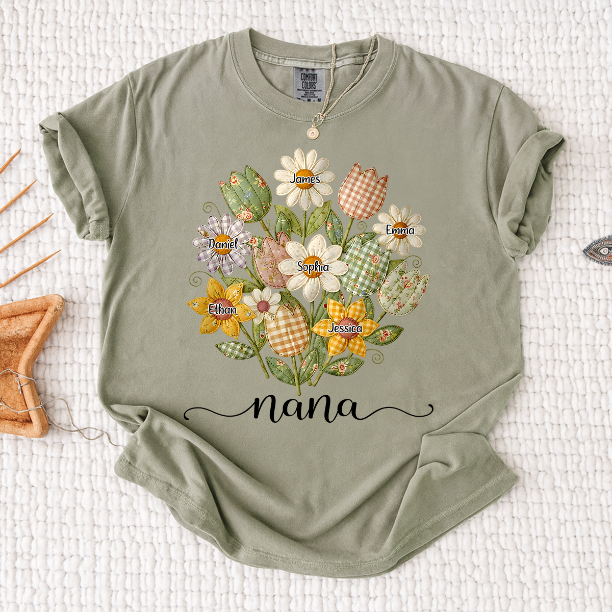 Comfort Colors Personalized Nana Shirt with Grandkids Names, Custom Flower Bouquet Grandma T Shirt, Family Gift for Nana