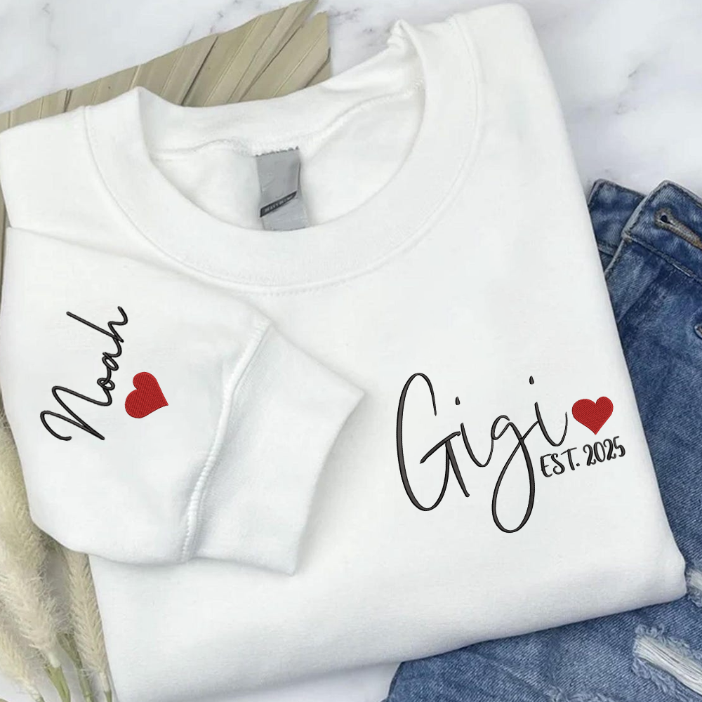Embroidered Women's Sweatshirt with Heart, Gift For Gigi And Kids