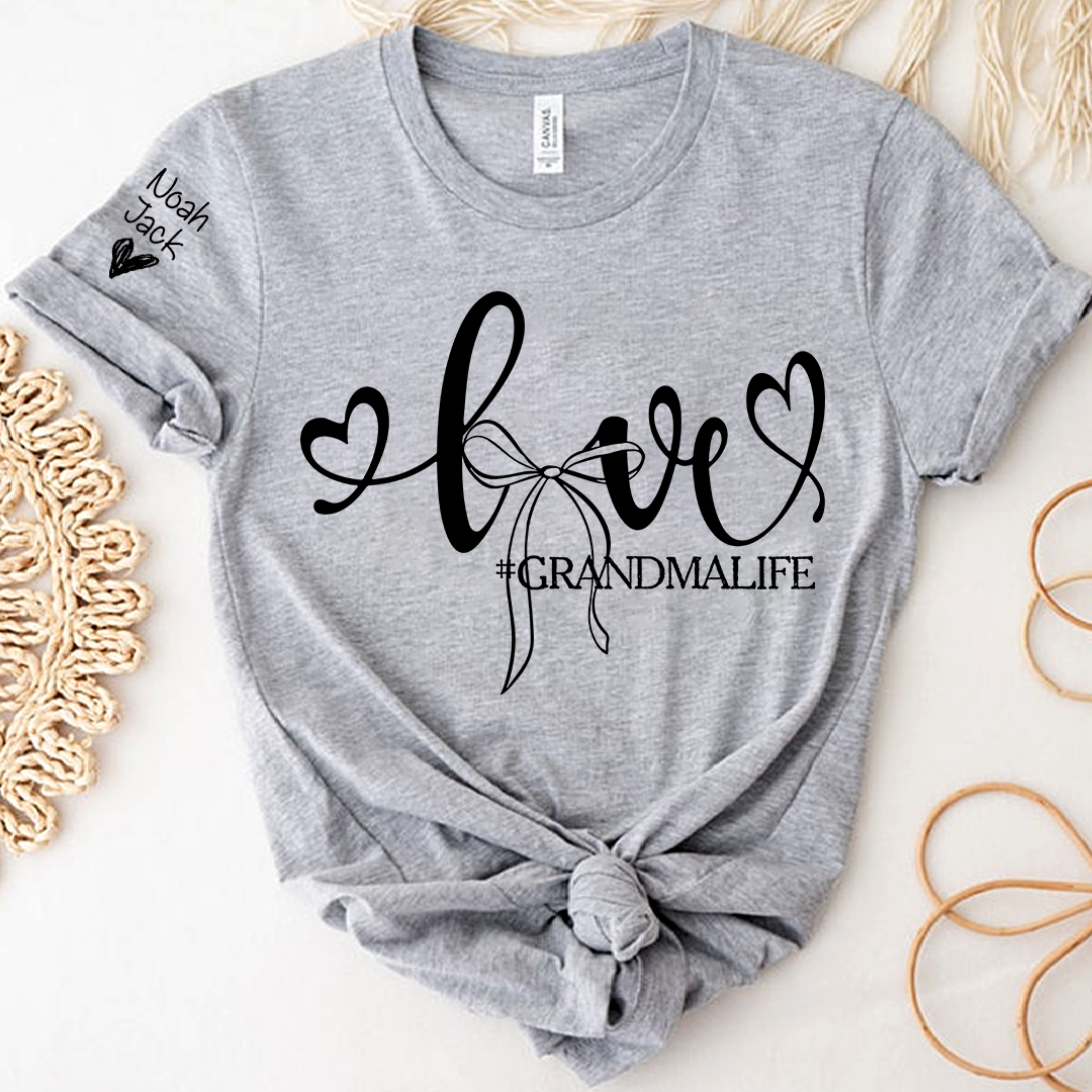 Personalized Grandma Life T-Shirt, Custom Name Graphic Tee with Love and Bow Design