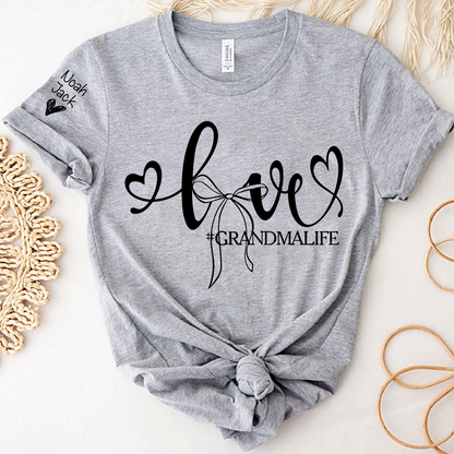 Personalized Grandma Life T-Shirt, Custom Name Graphic Tee with Love and Bow Design