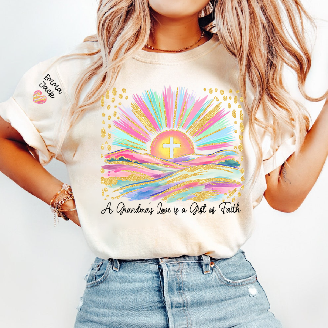 Faith Christian Grandma T-Shirt, Pastel Colorful Sunrise Cross Tee, Cute Personalized Gift for Grandma And Kids