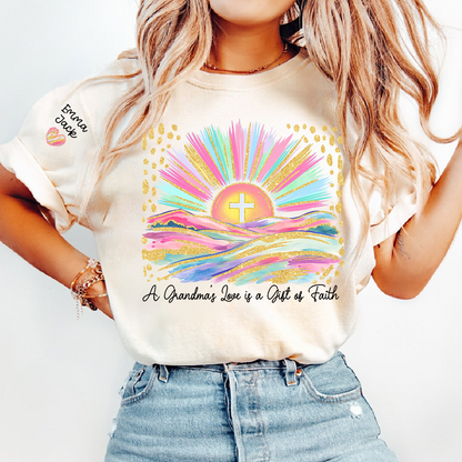 Faith Christian Grandma T-Shirt, Pastel Colorful Sunrise Cross Tee, Cute Personalized Gift for Grandma And Kids