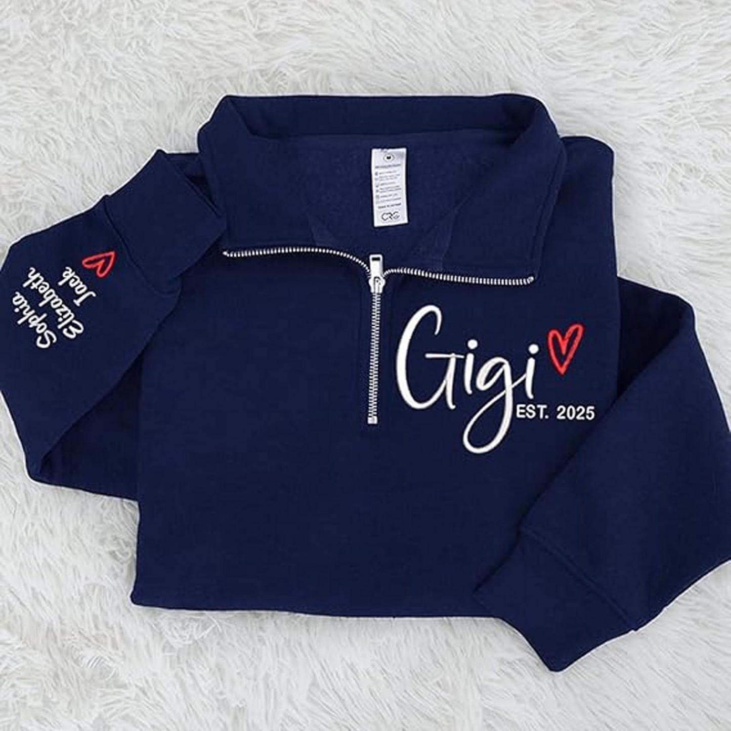 Custom Gigi Heart Embroidered Zip Sweater, Personalized For Grandma with Grandchild Names