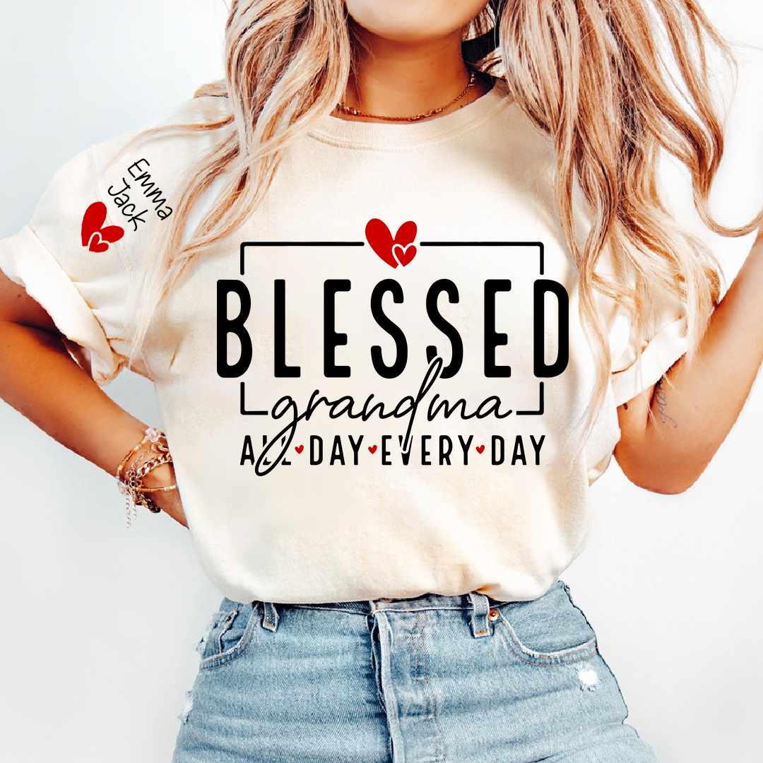 Blessed Grandma All Day Every Day Shirt, Personalized Family T Shirt with Grandkids Names and Heart Design