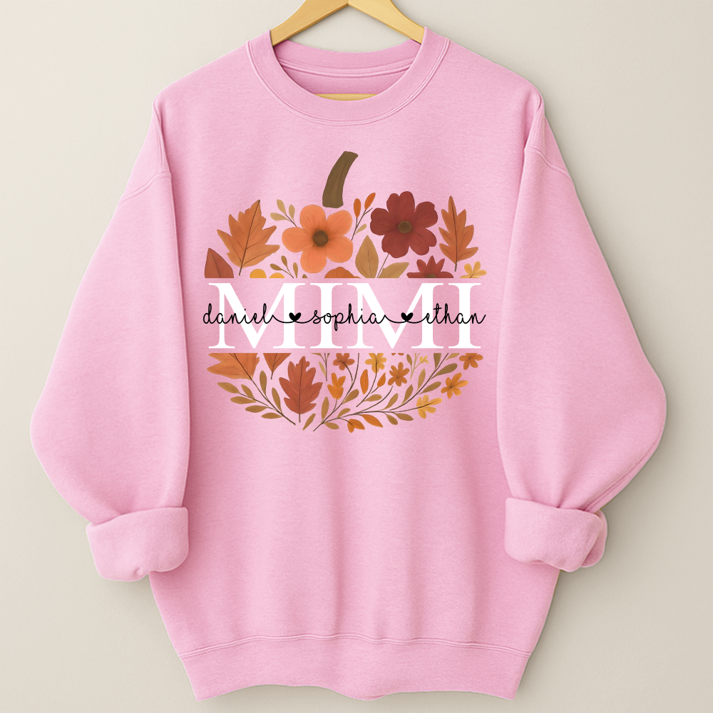 Mimi Pumpkin Floral Sweatshirt, Custom Grandchildren Names Fall Shirt, Personalized Autumn Grandma Gift, Cozy Family Outfit