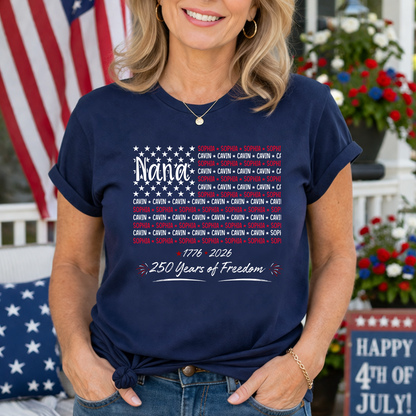 Personalized Mimi American Flag Shirt with Grandkids Names, Comfort Colors® USA 250th Anniversary Patriotic Shirt, Custom Grandma 1776-2026 Family Tee