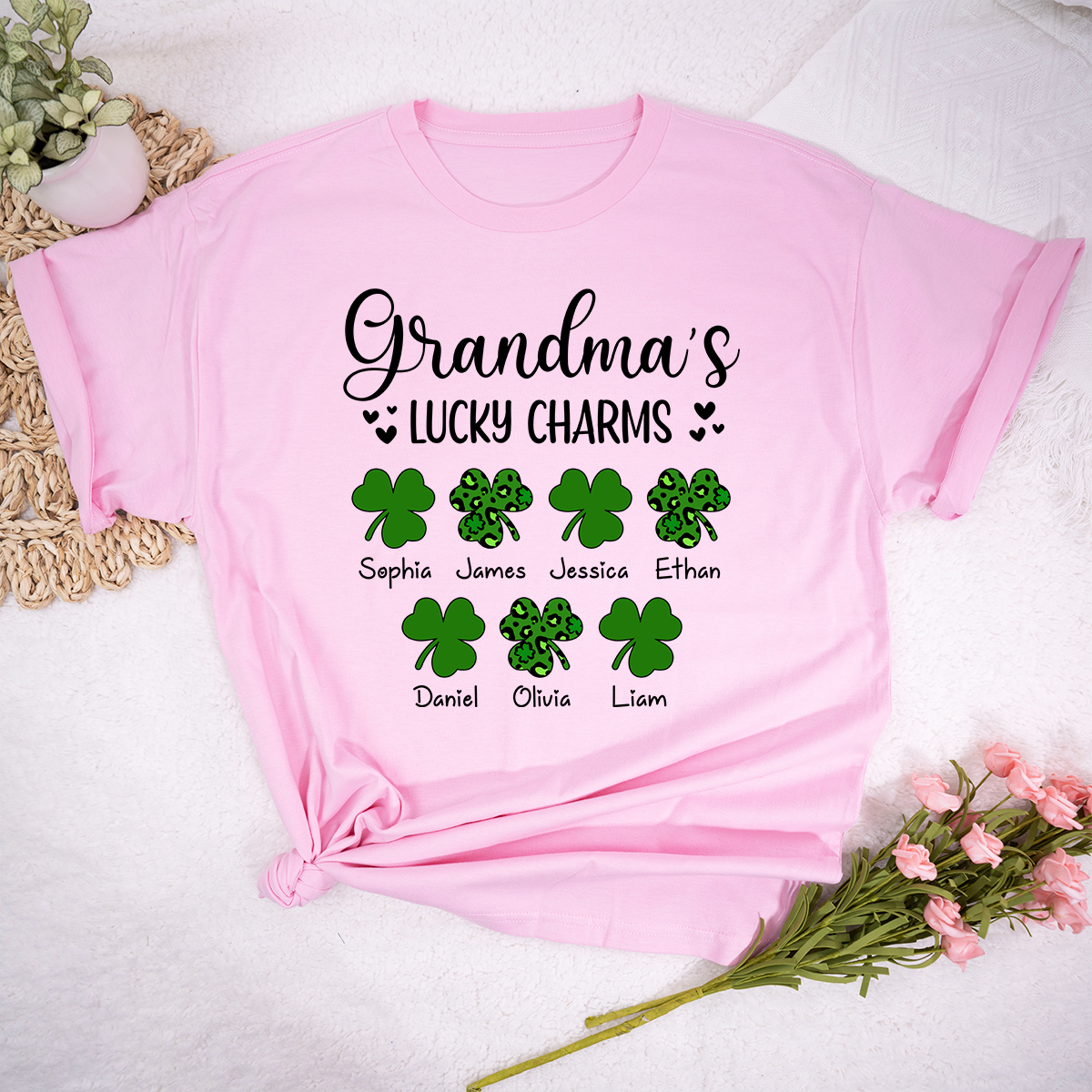 Grandma’s Lucky Charms Shirt, Personalized Grandma T Shirt with Grandkids Names, St Patrick’s Day Shamrock Family Tee for Grandma