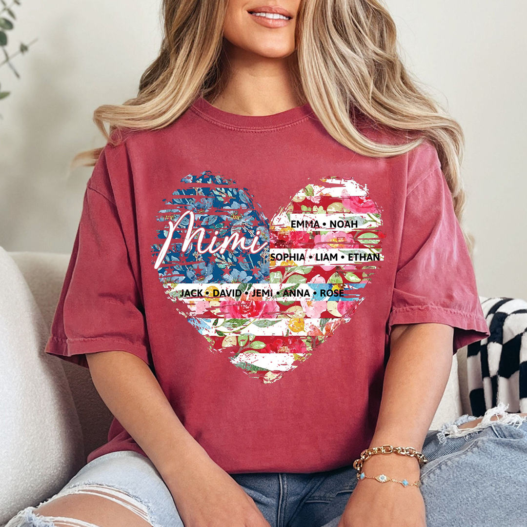 Personalized Mimi Heart Shirts With Children's Names, Family T-Shirts With Stylized Floral And American Flag Designs
