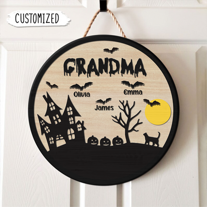 Personalized Grandma Halloween Door Sign, Halloween Decoration, Round Wood Sign TH