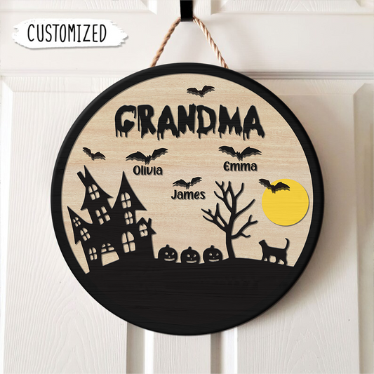 Personalized Grandma Halloween Door Sign, Halloween Decoration, Round Wood Sign TH