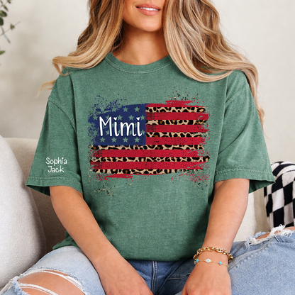 Personalized Mimi American Flag Shirt Leopard USA Flag Custom Kids Names T Shirt Patriotic Grandma Gift Fourth of July Family Matching Tee