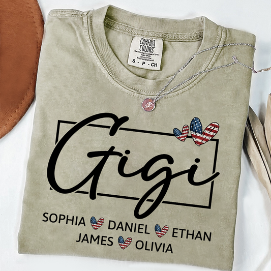 Comfort Colors Personalized Gigi Shirt with Children Names USA Flag Heart Graphic Custom Grandma Tee Stylish Script Design Family Gift Shirt