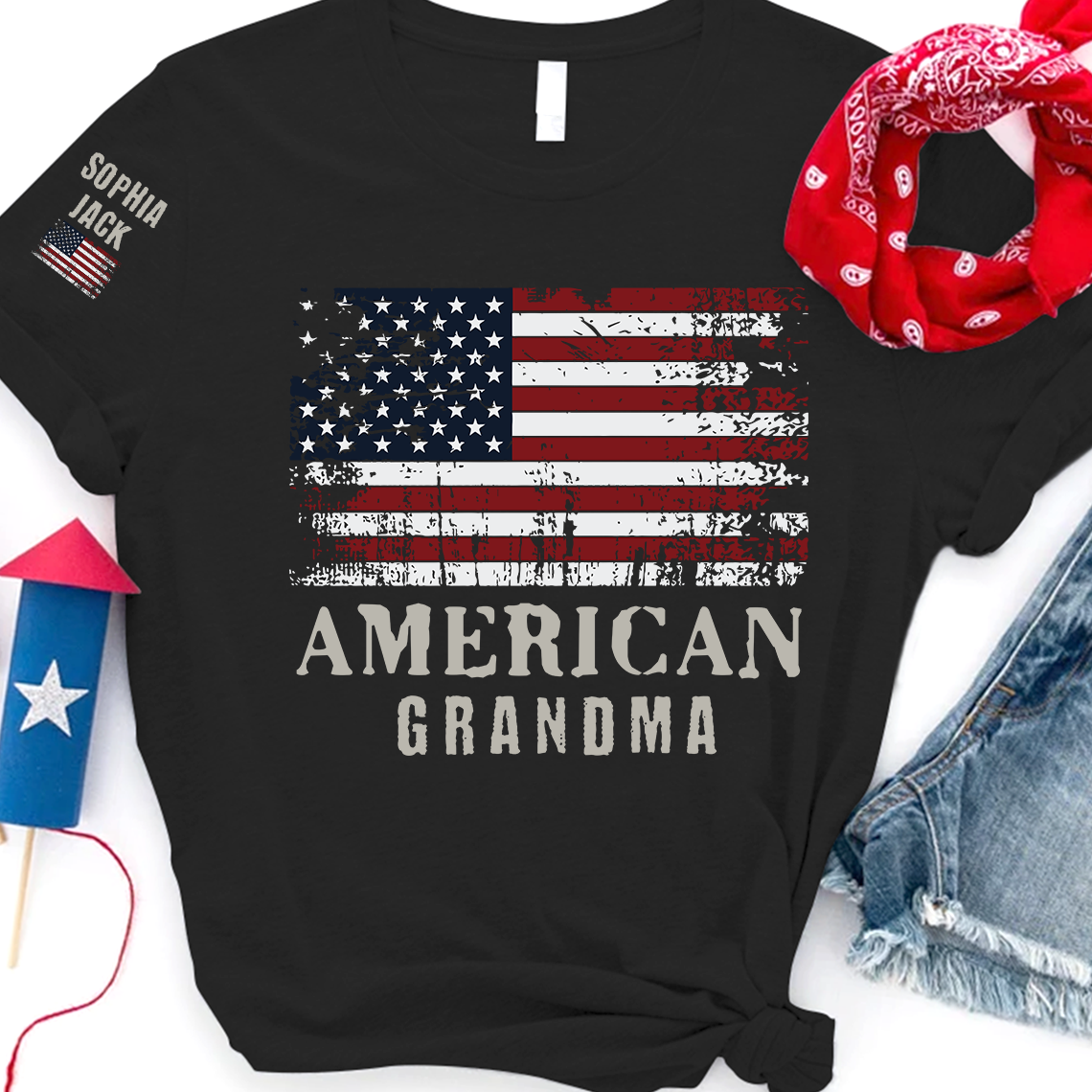 Custom American Grandma T-Shirt, Personalized Grandkids Name Sleeve Patriotic Shirt