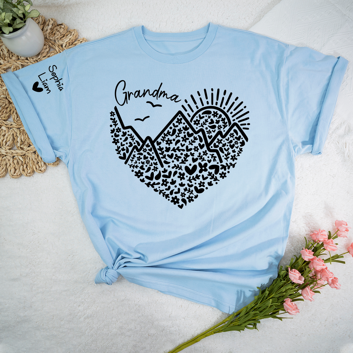Personalized Grandma Mountain Heart Shirt, Custom Grandma T Shirt with Kids Names on Sleeve, Floral Family Gift for Women