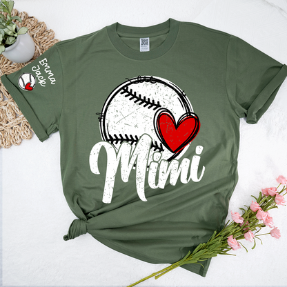 Personalized Mimi Baseball Shirt, Heart and Bat Design with Custom Names