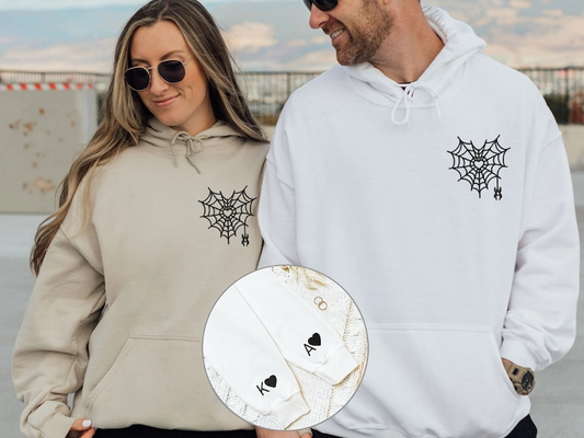 Custom Embroidered Couple Hoodie, Heart Spider Hoodie, Heart Spiderweb Couple Hoodie, Personalized Couple Gifts, Matching Couple Gifts Hoodie, Sweatshirt
