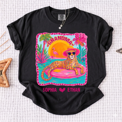 Comfort Colors® Custom Grandma Preppy Summer Gift Shirt, Gift For Grandma And Kids, Girly Beach Tee Retro Leopard Shirt Design Cute Summer Colorful Summe