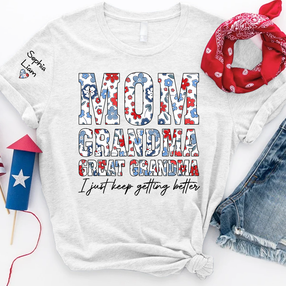 Mom Grandma Great Grandma Shirt, Patriotic Floral Tee with Custom Names, Gift for Mom Grandma Great Grandma Family Shirt